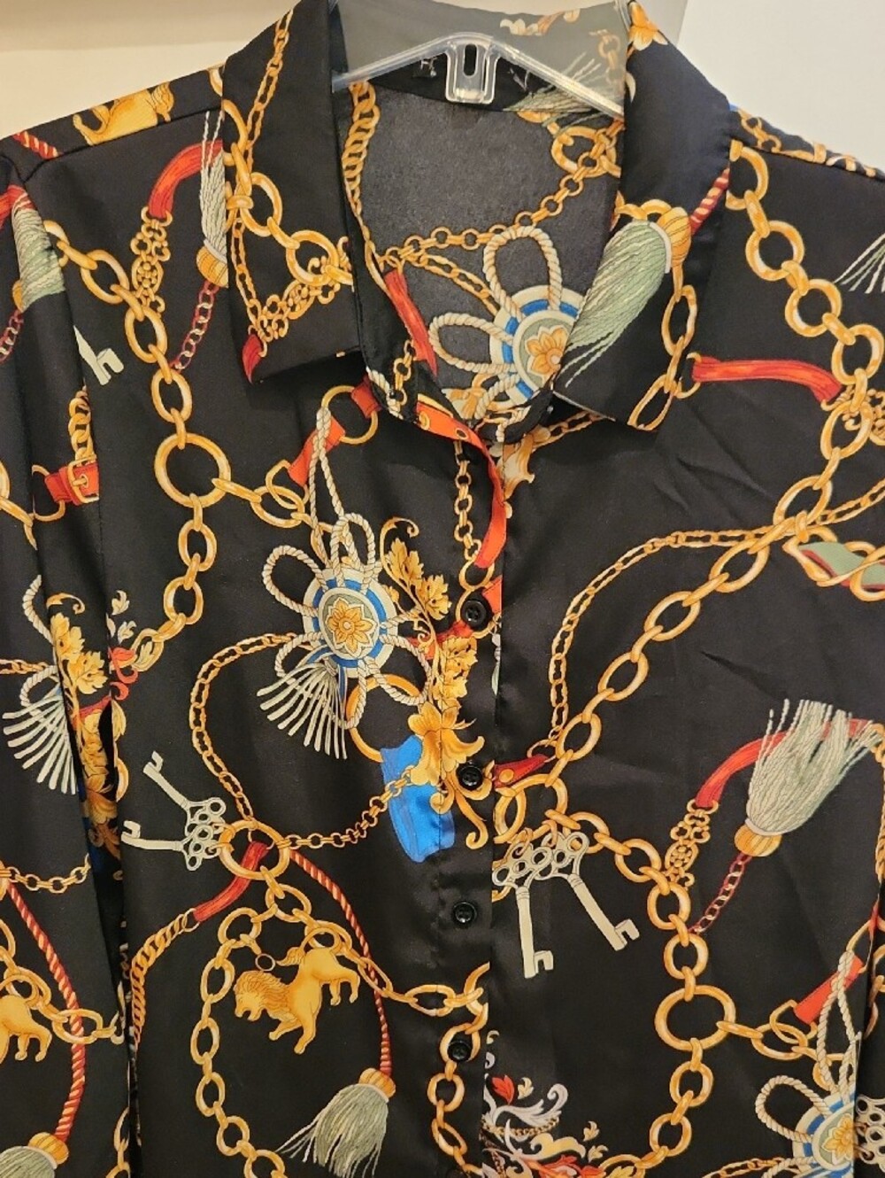 Fashion Nova Black Chain & Tassel Button-Down Shirt Missing Tag- Small - Picture 2 of 9